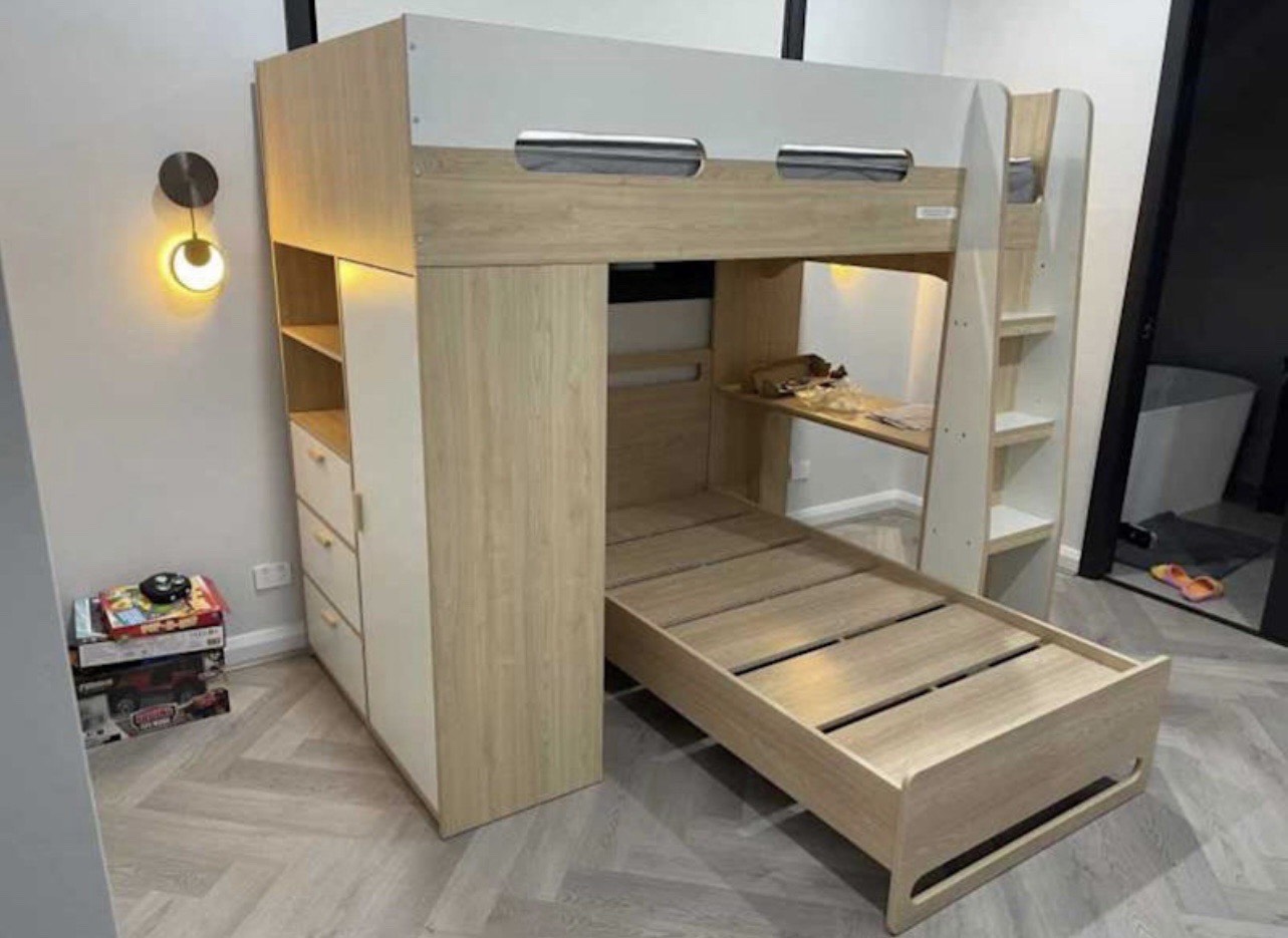 Kids loft bed with desk and trundle assembled